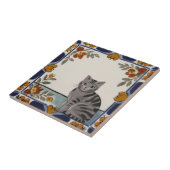 Carreau Chats Floraux - Chat Gris Tabby & Fleurs Orange Ro (Côté)