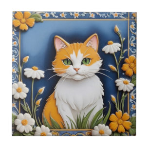 Carreau Chats Floraux - Chat Rouquin Fleurs Blanches Orang