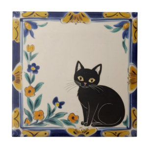 Carreau Chats Floraux - Joli Chat Noir & Fleurs Orange