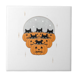 Carreau Chats Halloween Citrouilles Fond Noir Illustr