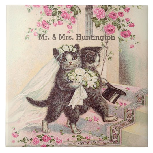 Carreau Chats mariages avec nom personnalisable (Devant)