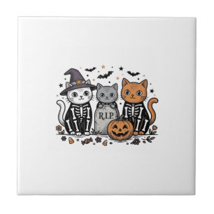 Carreau Chats squelette mignons gravure vintage Halloween