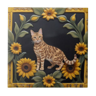 Carreau Chats Tournesol - Chat Bengal & Tournesols Jaunes