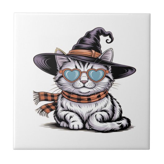 Carreau Chatte sorcière cool Chat de Halloween mignon ave (Devant)