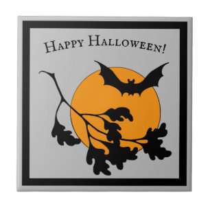 Carreau Chauve-souris vintage d'Halloween orange lune