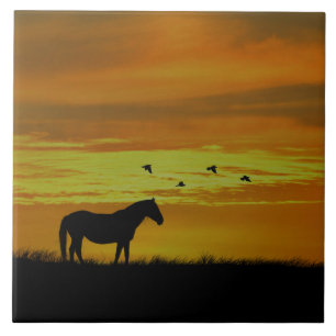 Carreau Cheval au coucher de soleil d'or avec oiseaux