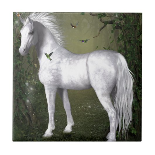 Carreau Cheval blanc dans les bois avec des colibris (Devant)