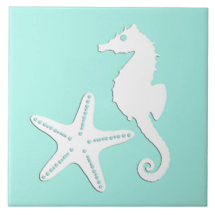 Carreau Cheval de mer et étoile de mer - blanc sur aqua p