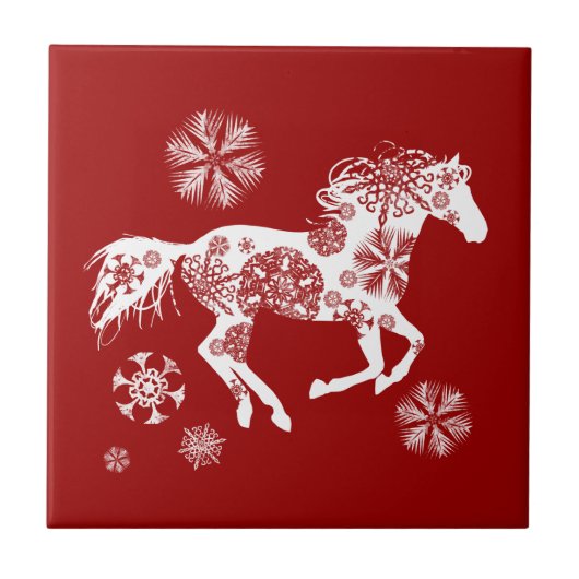 Carreau Cheval de Noël des flocons rouges et blancs (Devant)