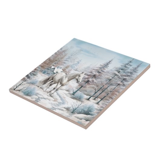 Carreau Cheval hiver scène neige forêt Noël (Côté)