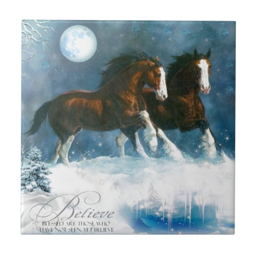 Carreau Chevaux Courant Dans La Neige (Devant)