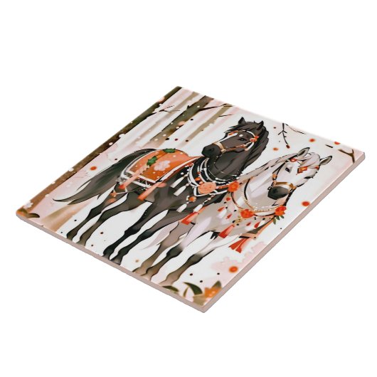 Carreau Chevaux dans une forêt rouge (Côté)