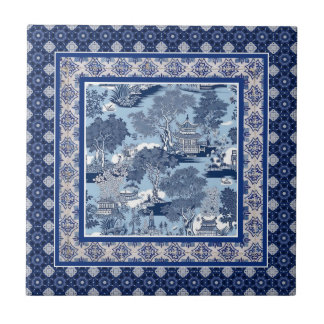 Carreau Chic bleu blanc saule chinoiserie toile monogramme