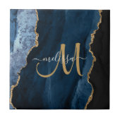 Carreau Chic Blue Gold Agate Script Monogramme personnalis (Devant)