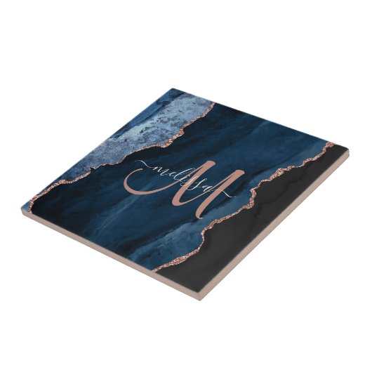 Carreau Chic Blue Rose Gold Agate Script Monogramme person (Côté)