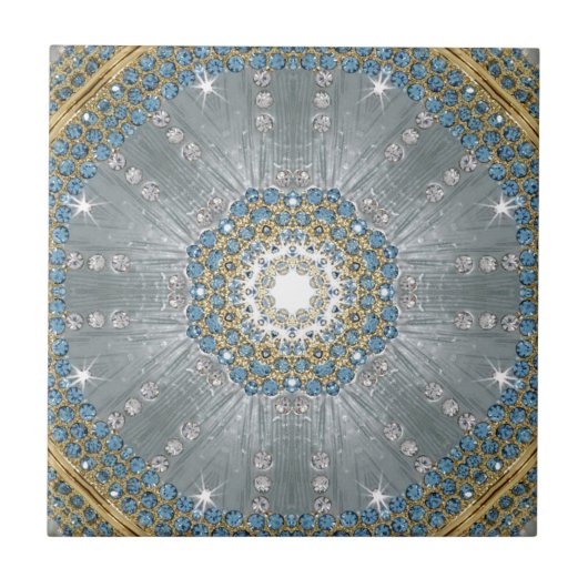 Carreau Chic Bohème Vintage Mode Argent bleu mandala (Devant)