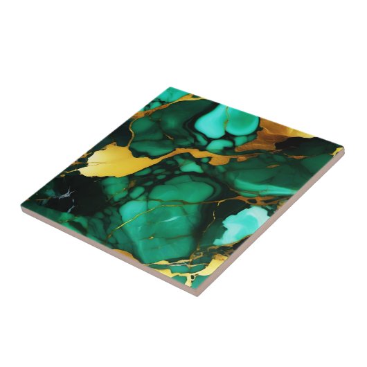 Carreau Chic Elegant vert foncé jaune Faux Marble (Côté)