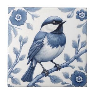 Carreau Chickadee Great Tit Bird Delft Bleu et blanc