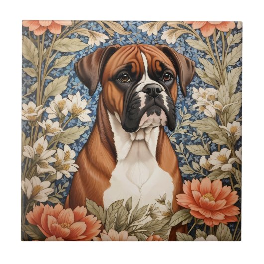 Carreau Chien Boxer Élégant Inspiré de William Morris (Devant)