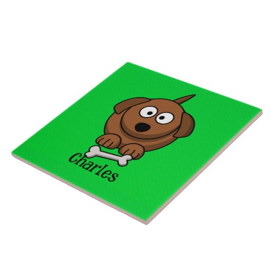 Carreau Chien Brown avec os personnalisé sur vert (Côté)
