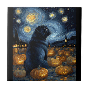 Carreau Chien Carlin noir de la nuit étoilée de van gogh h