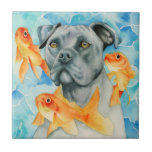 Carreau Chien de pitbull du gardien | et aquarelle de<br><div class="desc">C'est une peinture d'aquarelle d'un chien de pitbull et des poissons rouges oranges flottant autour de lui. Je des peintures ai employé de Holbein et de Daniel Smith aquarelle sur le papier pressé chaud de voûtes.</div>