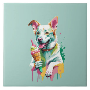 Carreau Chien heureux mangeant une glace