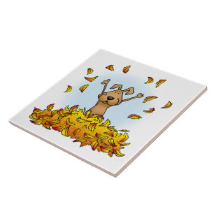 Carreau Chien Jouant dans un seau de feuilles d'automne - 