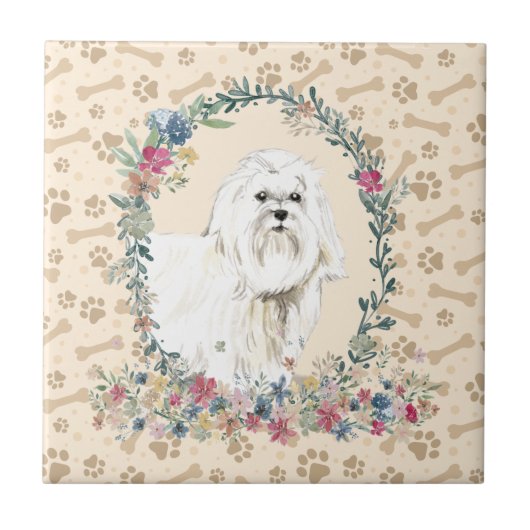 Carreau Chien maltais Empreinte de patte Floral Cute Beige (Devant)