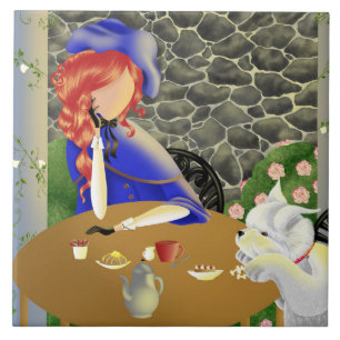 Carreau Chien mignon et dame au café au coucher du soleil
