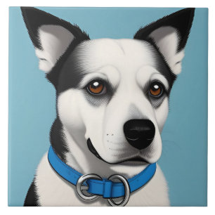 Carreau Chien noir et blanc avec collier bleu