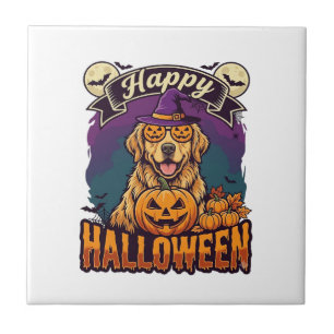 Carreau Chien Retriever doré Joyeux Halloween Chapeau de S