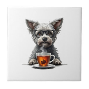 Carreau Chien Vintage tenant une tasse de thé avec des lun