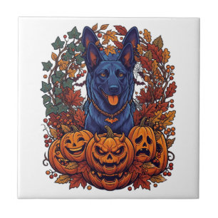 Carreau Chiens Pitbull Bleus Citrouilles Halloween Feuille