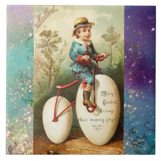 CARREAU CHILD WITH EASTER EGG BIKE AND COLORFUL FLOWERS