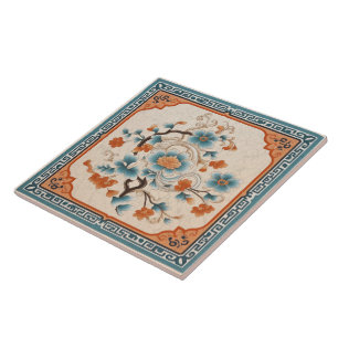 Carreau Chine traditionnelle Fleur d'encre orange Art 6