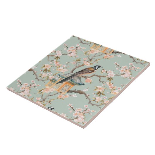 Carreau Chinoiserie Bird & Blossom Blush Sage Ceramic Tile (Côté)