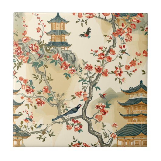 Carreau Chinoiserie Élégante - Pagodes, Fleurs et Oiseaux (Devant)