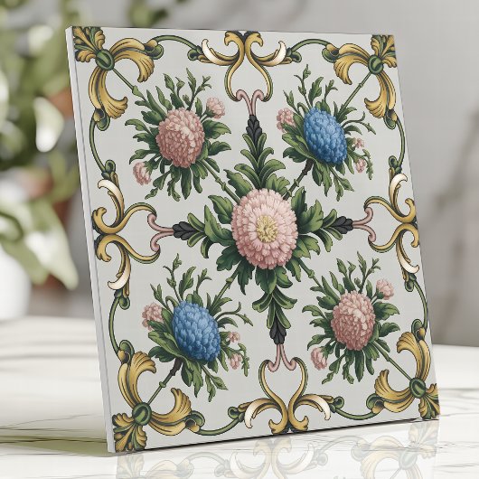 Carreau Chinoiserie florale Chrysanthème rose et bleu