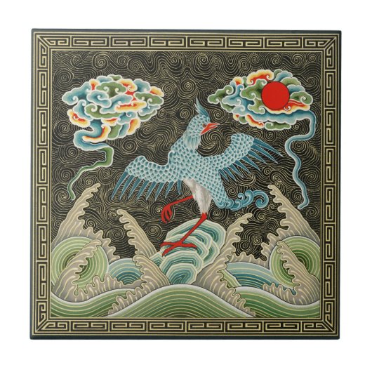 Carreau Chinoiserie Motif d'oiseau de grue dorée et de vag (Devant)