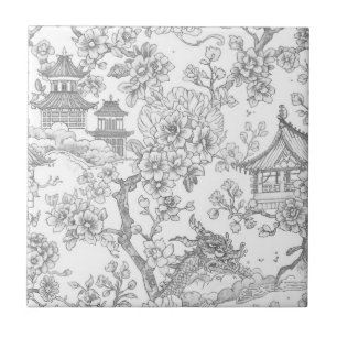 Carreau Chinoiserie Toile Dragon Fleur de Cerisier Ornemen