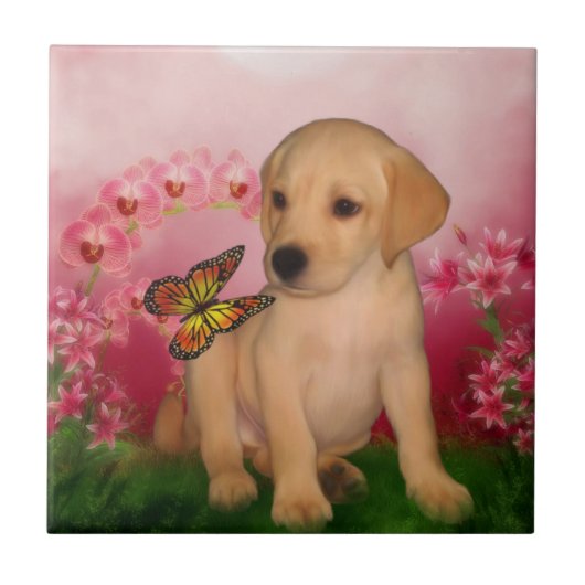 Carreau Chiot Labrador Retriever Jaune Papillons Chien (Devant)