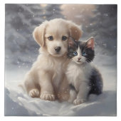 Carreau Chiot mignon et chaton en Pose Portrait de Neige (Devant)