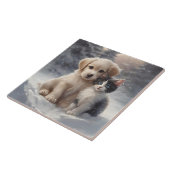 Carreau Chiot mignon et chaton en Pose Portrait de Neige (Côté)