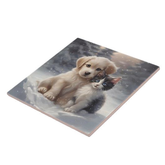 Carreau Chiot mignon et chaton en Pose Portrait de Neige (Côté)