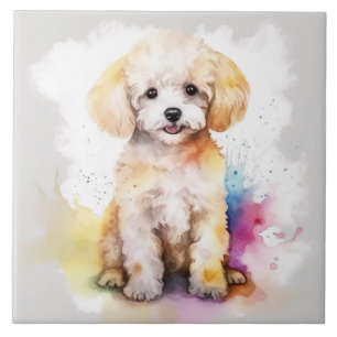 Carreau Chiots Caniche Jouet Blanc Aquarelle