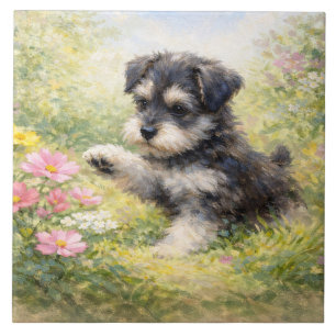 Carreau Chiots Schnauzer Fleurs de printemps