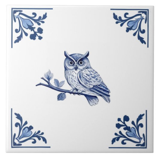 Carreau Chouette avec Delft Blue et Blanc Corner Flourish (Devant)