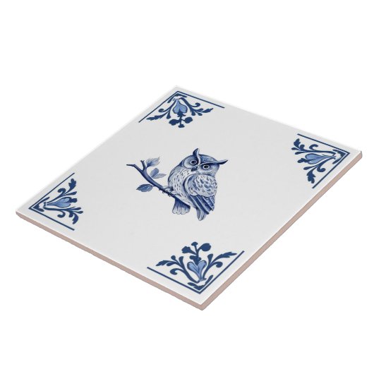 Carreau Chouette avec Delft Blue et Blanc Corner Flourish (Côté)