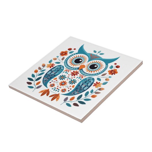 Carreau Chouette Bleue Sage Art populaire scandinave (Côté)